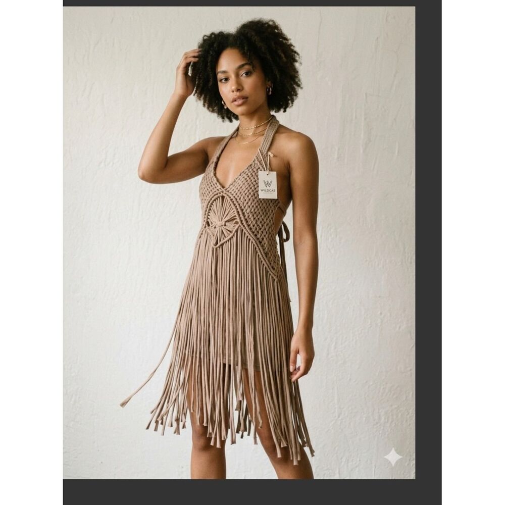 Wildcat Taupe Crochet Fringe Halter Mini Dress Festival Boho
